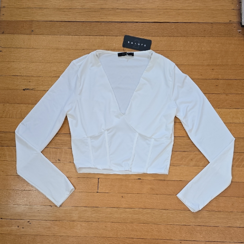 NWT, 21 Saints, Bustier Style Long Sleeve Crop Top, White, Women's L